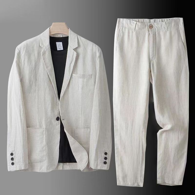 Slim Fit Suit Set - Spring Autumn Fashion Men Linen Two-piece