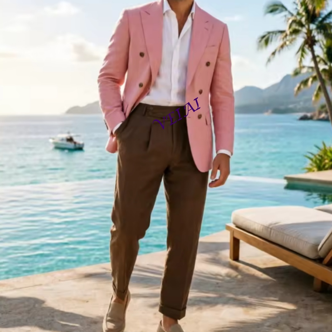 Elegant Formal Men'S Wear - Customized2 Piece Beige Linen Men Double